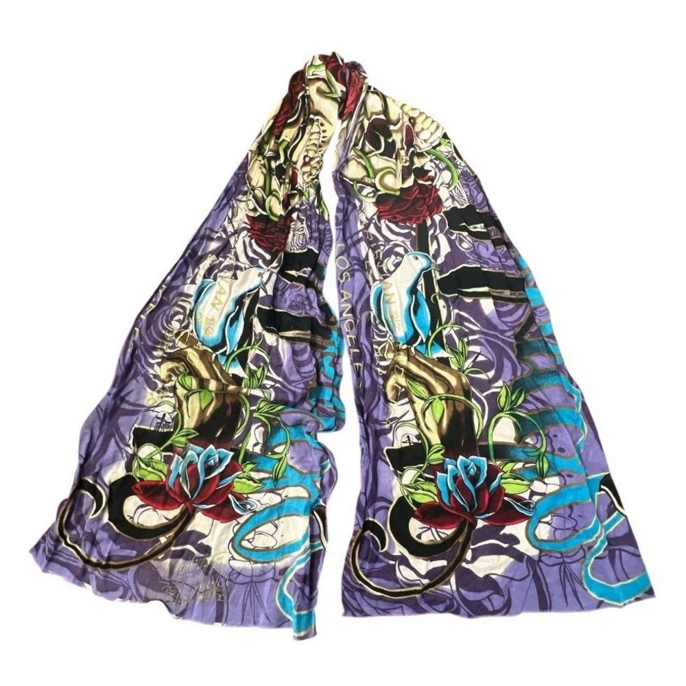Christian Audigier Scarf Womens 67x18 Purple Skull Rose Dove Tattoo Vintage Edgy